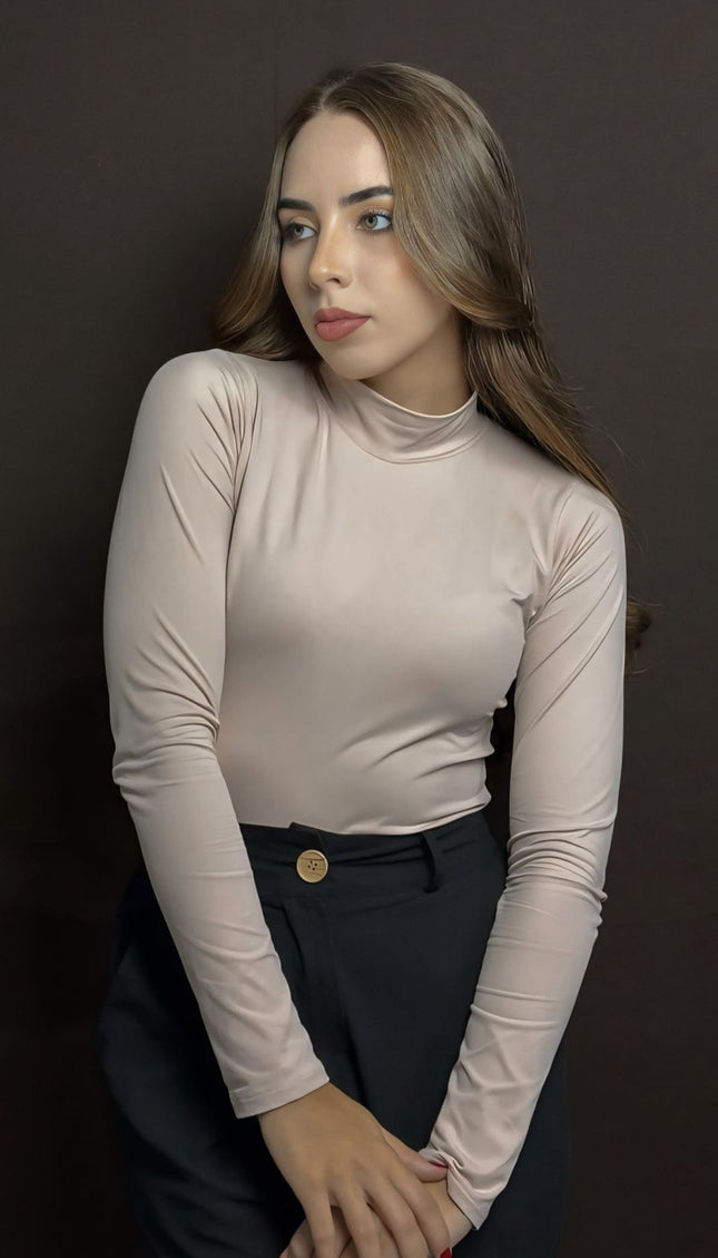 Body Gola Alta com Manga Longa Bege