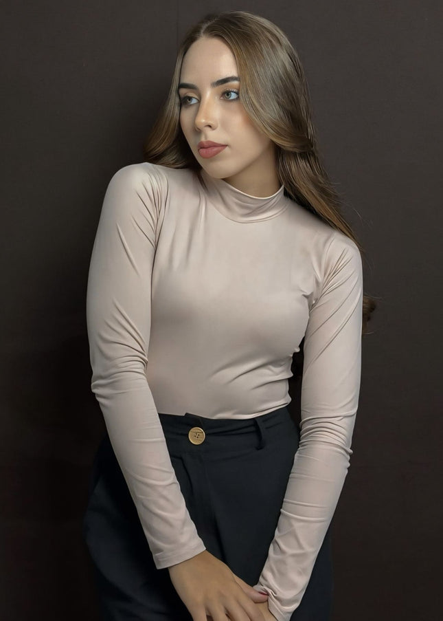 Body Gola Alta com Manga Longa Bege